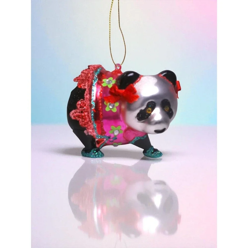 Festive Panda Hand Blown Glass Christmas Ornament - BestPysanky - EUC - Picture 1 of 8